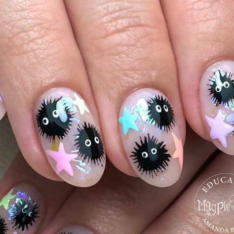 Soot Sprite Nail Designs, Short Studio Ghibli Nails, Soot Spirit Nails, No Face Nails, Chihiro Nails, Soot Sprite Nails, Anime Nails Simple, Ghibli Nail Art, Studio Ghibli Nail Art