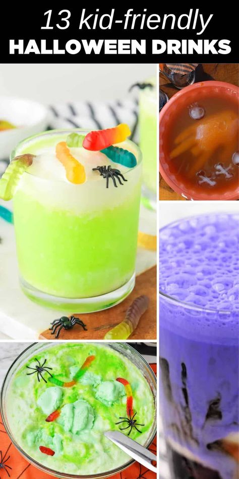 four colorful Halloween drinks Non Alcoholic Halloween Punches, Non Alcoholic Halloween Drinks Kid Friendly, Halloween Punch Non Alcoholic, Halloween Themed Drinks For Kids, Halloween Drinks For Kids School, Halloween Beverages Non Alcoholic, Halloween Non Alcoholic Punch, Halloween Drinks Nonalcoholic Easy, Easy Halloween Drinks For Kids