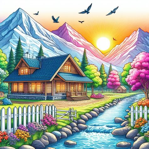 Best Scenery Drawing, Drawing Scenery For Kids, Beautiful Scenery Drawings Easy, Natural Scenery Painting Easy, Natural Scenery Drawing For Kids, Nature Drawing Colourful, Wallpaper Scenery Nature, House Scenery Drawing, Creative Landscape Painting