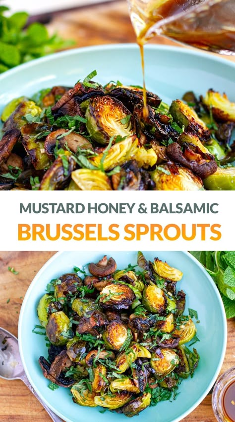 This dish of crispy roasted mustard, honey and balsamic Brussels sprouts is SO GOOD that you will want to make them over and over again. The sprouts are roasted together with button mushrooms and dressed in the most delicious concoction. This is probably my favourite Brussels sprouts recipe - the BEST! Definitely give it a try and let me know what you think. It's great as a side dish on any occasion but especially around Christmas, Thanksgiving or other holidays. It would go fabulously with ... Balsamic Brussels Sprouts, Sprouts Recipe, Honey Balsamic, Roasted Brussels Sprouts, Roasted Brussel, Sprout Recipes, Brussels Sprouts Recipe, Mustard Dressing, Roasted Brussel Sprouts