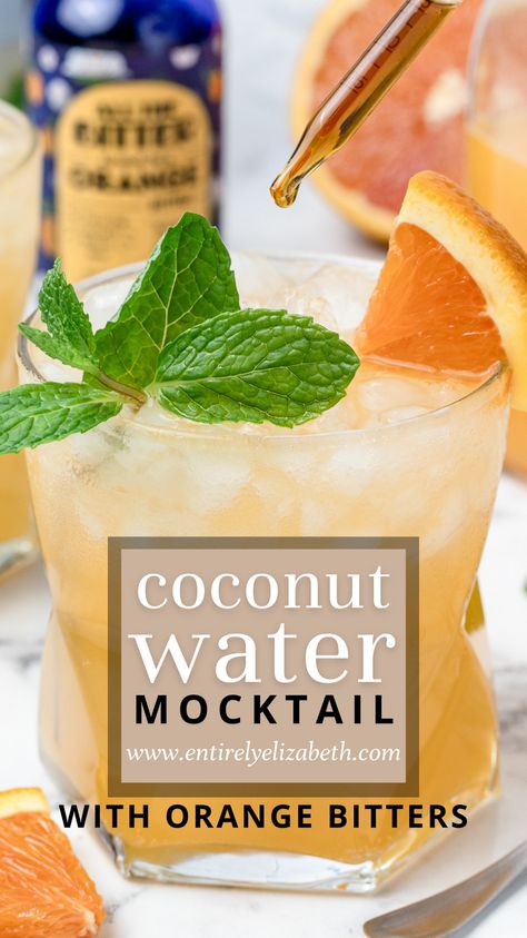 Skip the sugary sodas, try this refreshing Coconut Water Mocktail with orange bitters. A healthier, non alcoholic alternative with no fancy bar equipment required. Mocktails Non Alcoholic Coconut Milk, Mocktails Non Alcoholic Bitters, Mocktail With Bitters, Mocktail Orange Juice, Mocktail With Egg White, Healthy Low Sugar Mocktails, Coconut Mojito Mocktail, Bitter Mocktail, Coconut Milk Mocktail Recipe