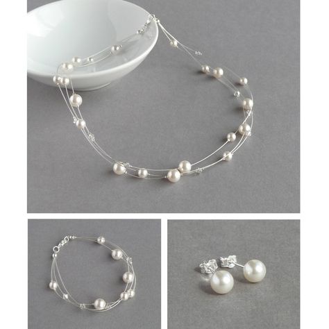 Floating Pearl Necklace, Swarovski Pearl Necklace, White Pearl Jewelry, Jewelry King, White Pearl Bracelet, Bridesmaid Pearls, White Pearl Earring, Simple Stud Earrings, Pearl Jewelry Sets