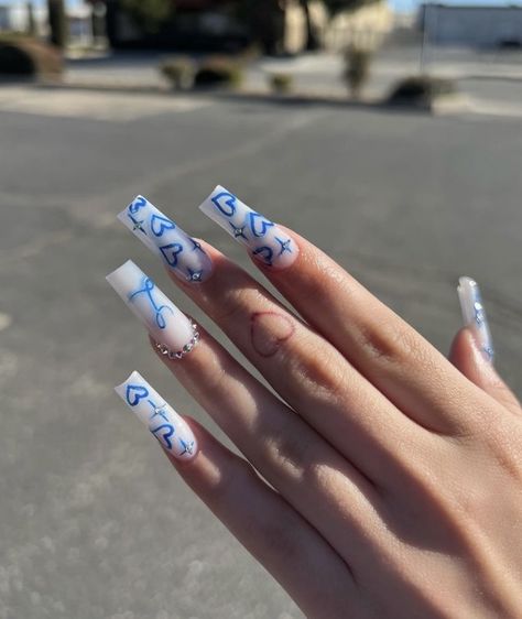 Spring House, Blue Acrylic Nails, Girly Acrylic Nails, Her Nails, Long Acrylic Nails Coffin, Blue Nail, Long Square Acrylic Nails, Unique Acrylic Nails, Nails Spring