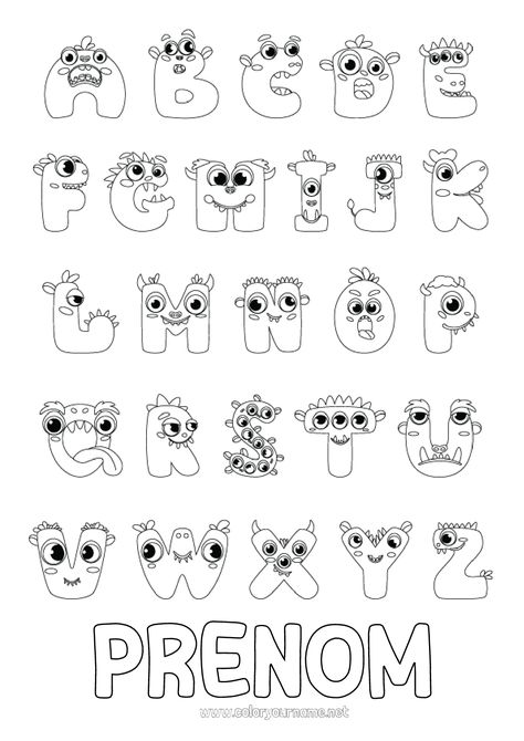 Coloriage : 26 lettres de l'alphabet style coloriage monstres rigolos. Activité éducative maternelle : colorie les lettres qui composent ton prénom. Dessin à colorier pour se familiariser avec les lettres de façon ludique. Coloriage à personnaliser avec le prénom de l'enfant ou le nom d'un objet par exemple. Alphabet Style, Baby Sitting, Petite Section, L Alphabet, Alphabet