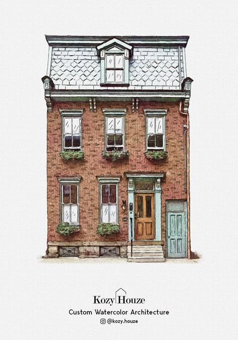 Watercolor House Painting, Canvas Painting For Beginners, الفن الرقمي, Watercolor House Portrait, Watercolor House, Building Drawing, Building Illustration, Watercolor Architecture, House Sketch