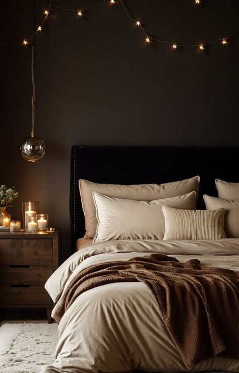 Dark Brown Bedrooms, Dark Cozy Bedroom, Bedroom Decor Dark, Brown Rooms, Warm Bedroom, Dark Bedroom, Brown Bedroom, Relaxing Bedroom, Black Bedroom