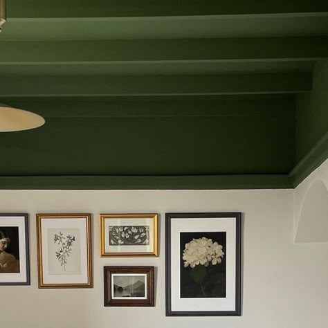 Dark Green Ceiling White Walls, Coloured Ceilings Living Room, Colour Ceiling Bedroom, Olive Green Ceiling, Bold Interior Paint Colors, Green Ceiling Living Room, Green Bedroom Ceiling, Double Drenching, Dark Green Ceiling