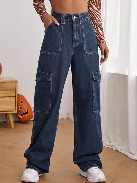 High Waist Side Pocket Jeans High-waisted Jeans With Side Pockets For Streetwear, High Waist Jeans With Flap Pockets For Streetwear, High-rise Jeans With Patch Pockets For Streetwear, Side Pocket Jeans, Full-length Denim Blue Jeans With Hip Pockets, Blue Full-length Jeans With Hip Pockets, 90s Jeans, Pocket Jeans, Blue Outfit