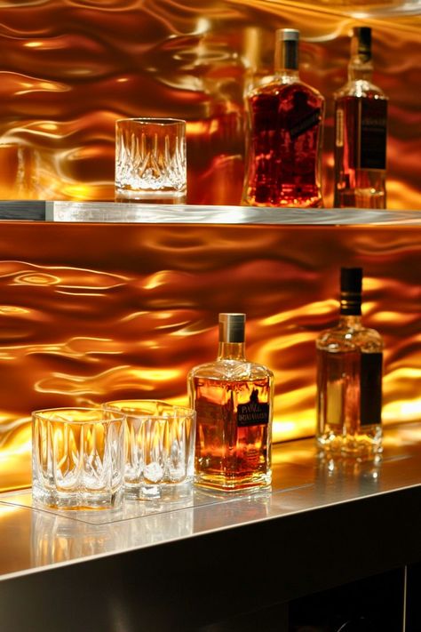 How about adding some glow to your home bar? LED backlit shelves create a luxurious, modern look by highlighting your liquor bottles and glassware. I think this design is perfect for modern home bars where you want to add a touch of drama and sophistication. It’s a brilliant way to elevate even small spaces. Ready to light up your bar in style? Backlit Shelves, Backlit Bar, Home Bar Shelf, Back Bar Shelving, Floating Bar Shelves, Bar Lighting Ideas, Glass Bar Shelves, Bar Shelf Ideas, Small Bars For Home