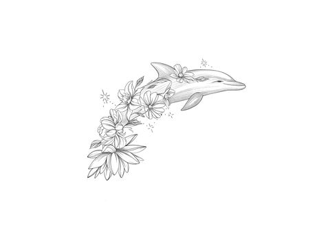 Flower Dolphin Tattoo, Dolphin Floral Tattoo, Dolphin Spine Tattoos, Dolphin Tattoo With Flowers, Dolphin And Flower Tattoo, Two Dolphins Tattoo, Ocean Fine Line Tattoo, Cute Dolphin Tattoo, Dolphin Tattoo For Women