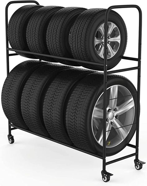 Amazon.com: Rolling Tire Rack – Metal, Adjustable, Tire Stand & Protective Cover, Included 4 Adjustable non rolling Legs [Updated 44'' L With 4 Wheels included] : Tools & Home Improvement Tire Storage Rack, Garage Hooks, Tire Storage, Garage Storage Racks, Tire Rack, Garage Organize, Garage Storage Organization, Garage Plans, Wire Shelving