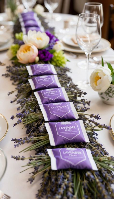 A table adorned with lavender sachets, surrounded by spring flowers and wedding decor Cherry Blossom Centerpiece, Bridesmaid Dresses Floral Print, Eco Friendly Confetti, Printed Bridesmaid Dresses, Floral Cake Topper, Mason Jar Lanterns, Jar Lanterns, Spring Wedding Ideas, Tea Sets Vintage