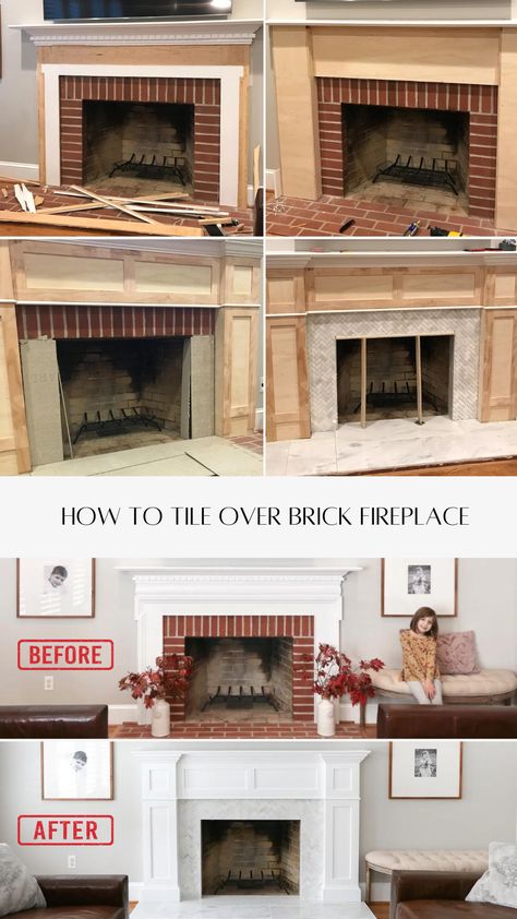 Adding Molding To Fireplace, Diy Fireplace Molding, Marble Over Brick Fireplace, Smooth Fireplace Surround, Modernize Old Fireplace, Upgrade Fireplace Surround, Fireplace Trim Diy, Old Marble Fireplace, Building A Fireplace Surround