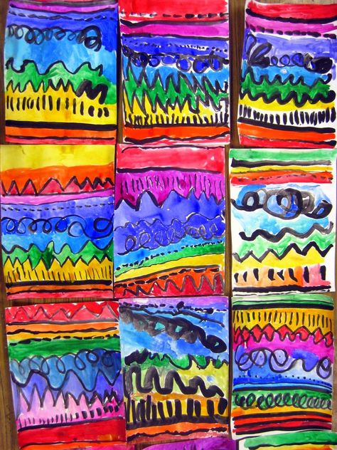 Great kindergarten art project teaching different kinds of lines. I love the rainbow colors! Painting Kindergarten, Kindergarten Painting, Line Art Lesson, Grade 1 Art, First Grade Art, Kindergarten Art Lessons, Cassie Stephens, Art Project For Kids, Kindergarten Art Projects