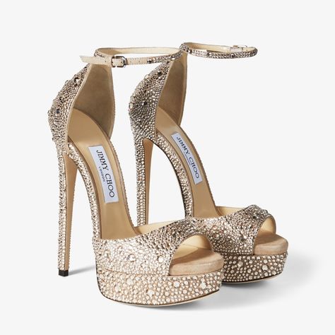 MAX 150 | Honey Gold Shimmer Suede Platform Stiletto Sandals with Hotfix Crystals | Winter 2022 collection | JIMMY CHOO Gold Jimmy Choo Heels, Designer Heels Jimmy Choo, Gold Sparkly Heels, Gold Platform Heels, Cutest Shoes, Luxury Heels, Book Pictures, Jimmy Choo Sandals, Sparkly Shoes