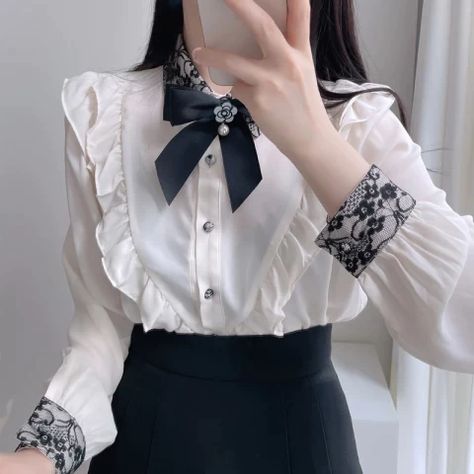 Korean Patchwork, Classic Blouse, Victorian Blouse, Women Chiffon Blouse, Gothic Shirts, Shirt Korean, Classic Blouses, Stylish Blouse, Lace Ribbon