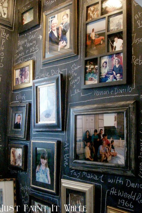 Just Paint It White Blog chalk wall with photos labeled Walls Covered In Pictures, Wall Covered In Pictures, House Tours Interiors, Chalkboard Walls, Chalk Board Paint, Galley Wall, Closet Bathroom, Chalk Wall, Framed Photos