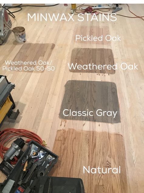 MINWAX stains we are considering. Pickled Oak, Weathered Oak, Weathered Oak/Pickled Oak 50-50, Classic Gray, Natural. Pickling Stain, Redoing Kitchen, Rustic Resort, Hardwood Floor Stain Colors, Oak Floor Stains, Floor Stain Colors, Wood Floor Stain Colors, Apartment Remodel, Wood Floor Colors