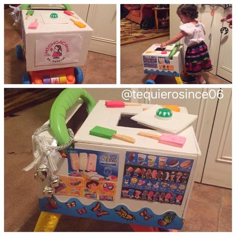 La paletera. My daughters halloween costume. We used her walker and used a box that fit over it. Cut out the top for the handle and custom fit the box to the cart. We used white foamboard to cover the outside of the box and glued it on. We printed out ice cream pictures. And lastly cut out the top and glued a tupperware underneath the cutout to hold actual candy paletas!! Was a hit at the halloween party. DIY Ice cream cart. Paletera costume. Paletero costume. Diy Paleta Cart, Paletero Costume, Paletero Cart, Diy Ice Cream Cart, Mary Poppins Halloween Costume, 2024 Costumes, Cars Halloween Costume, Cream Pictures, Ice Cream Pictures