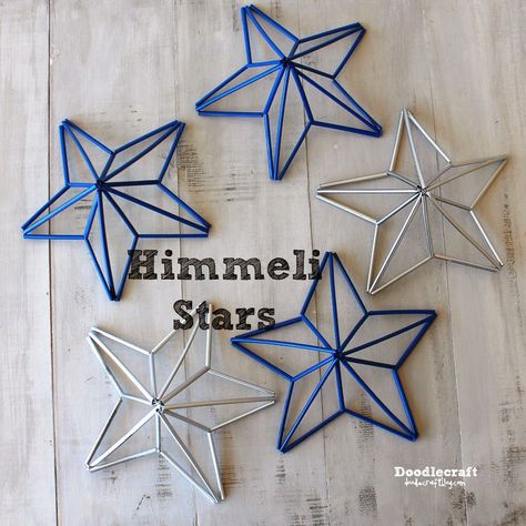 Himmeli Star Garland {black, white, & gold} - made with wooden dowels by Shane Drinking Straw Crafts, Himmeli Diy, Diy Straw, Straw Crafts, Patriotic Crafts, Patriotic Stars, Upcycled Home Decor, Patriotic Decorations, Diy Inspiration