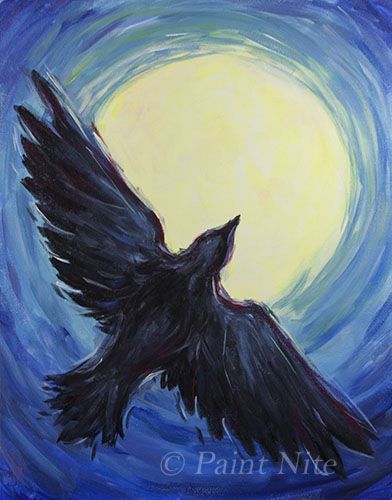 Full Moon Flight- Easy Full Moon Painting Acrylic Easy, Crow Painting Easy, Crow Painting Acrylic Easy, Easy Black Cat Painting, Crow Painting Acrylic, Crow Paintings, Skulls Animal, Crow Drawing, Glass Cloches