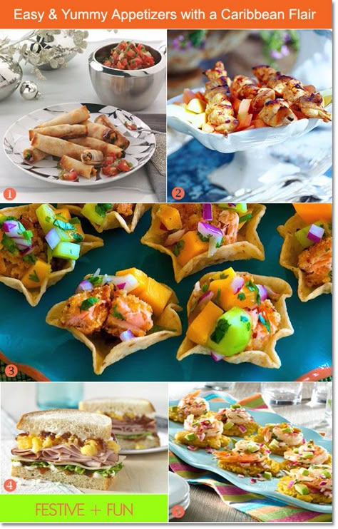 Caribbean appetizers: veggie wraps, shrimp bites, jerk chicken skewers #appetizers #caribbean #partyfood Carribean Appetizers Party Ideas, Caribbean Appetizers For Party, Carribean Appetizers, Carribean Theme Party, Jerk Chicken Skewers, Caribbean Appetizers, Caribbean Party Ideas, Island Theme Party, Caribbean Theme Party