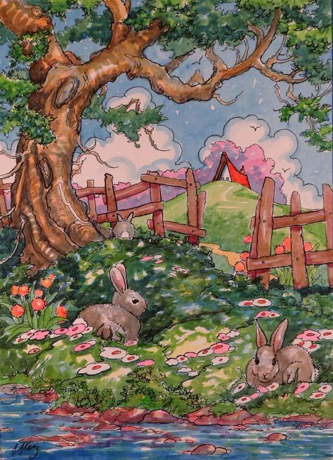 Storybook Cottage, Rabbits, Roof, Cottage, Water, Flowers, Art