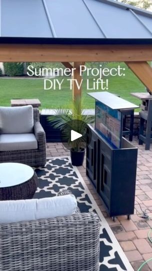 19K views · 4K reactions | It’s been 2 years since I made this tv lift for my husband and it’s still going strong! At this point, hundreds of you were inspired to make this which is so awesome!  It’s a very beginner friendly project because again it’s just building a box yall! The lift mechanism is where all the action comes from! When it’s not in use, we use a grill cover to cover it.  We also bring in inside the house when it gets really cold then we bringit back out in spring.  So today I’m running this back because now is the perfect time to make one for the rest of the summer and it’s great for the fall.  This is really a very simple build.  It’s literally just a basic box..no fancy cuts although you can definitely add some miter cuts for a cleaner look.  I used one of the mid range m Garage Apartment Floor Plans, Backyard Table, Tv Lift, Decking Area, Diy Tv, Building Plan, Grill Cover, Backyard Makeover, Traditional Modern