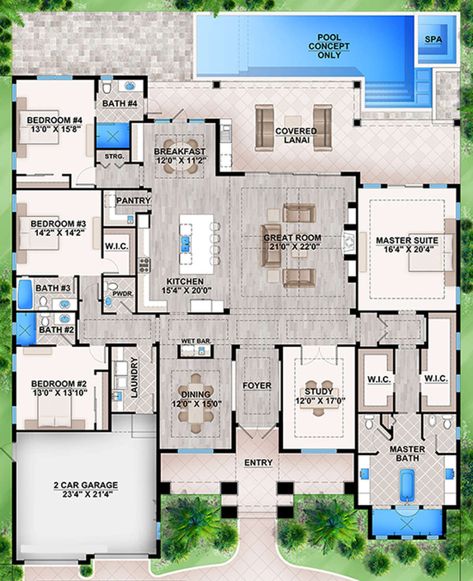 Florida House Plans, Luxury Plan, Pool House Plans, House Layout Plans, Family House Plans, Luxury House Plans, House Blueprints, 4 Bedroom House, Bedroom House Plans