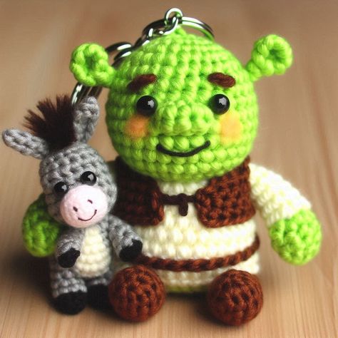 Crochet Shrek Pattern Free, Shrek Crochet Pattern Free, Amigurumi Keychain Free Pattern, Shrek Crochet, Crochet Shrek, Shrek And Donkey, Crochet Donkey, Pattern For Crochet, Amigurumi Keychain