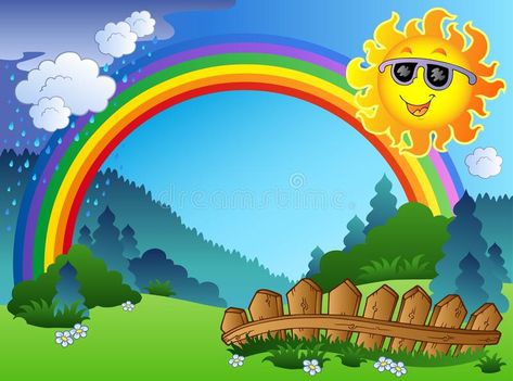 Landscape with rainbow and Sun vector illustration Jollibee Background, Landscape With Rainbow, Birthday Background Design, Rainbow Cartoon, Rainbow Wall Decal, Parrots Art, Sun Illustration, Christmas Activity, Kids Room Wallpaper