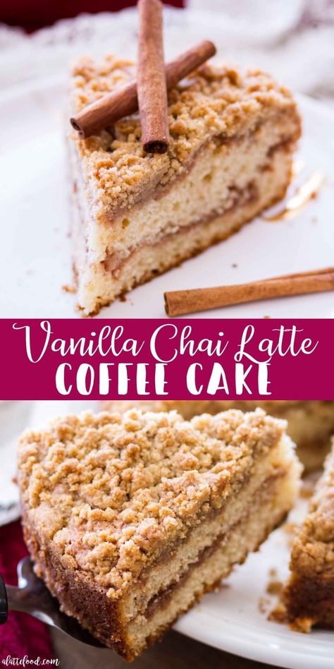 This Vanilla Chai Latte Coffee Cake recipe combines the rich, warm flavors of chai with the all of the classic coffee cake flavors. It’s an easy coffee cake recipe that is transformed into a perfect fall dessert (or even breakfast treat!), as the flavors are full of sugar, spice, and everything nice. homemade coffee cake, how to make coffee cake, easy chai coffee cake Vanilla Chai Latte, Autumn Cakes, Easy Coffee Cake, Homemade Coffee Cake, Chai Cake, Classic Coffee Cake, Easy Vanilla Cake Recipe, Coffee Cake Recipes Easy, Sugar Spice And Everything Nice