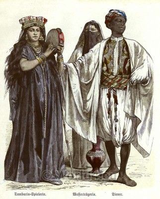 Traditional Egyptian costumes 1850. Tambourine player, water wearer and servant. Egyptian Clothing Men, Traditional Egyptian Clothing, Ancient Egyptian Clothing, Desert Clothing, Middle Eastern Clothing, Ancient Clothing, Egyptian Men, Egyptian Era, Egyptian Clothing