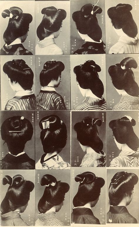 Multi-view Postcard of Hairstyles worn by Osaka Geiko 1910… | Flickr Historic Hairstyles, Tarot Inspiration, Geisha Hair, Japanese Geisha, Japanese Hairstyle, Art Japonais, Maneki Neko, Old Fashion, Vintage Japan