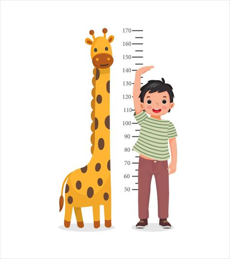 Cute Little boy measuring height of his growth on the background of wall with giraffe Tall Illustration, Milk Advertising, Human Height, Measuring Height, Height Growth, Fruit Icons, Health Book, English Activities For Kids, Tall Boy