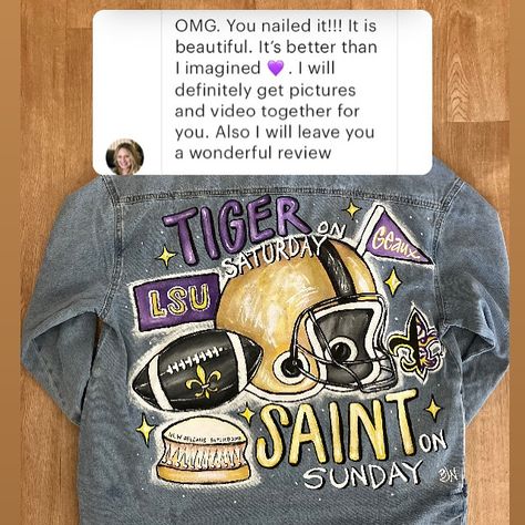 Getting a message like this from a jacket buyer the moment they get their order in the mail - is like the best medicine for my artist’s soul 👩‍🎨💖 #footballseason #footballjackets #etsyartist #sportjacket #etsyshopowner #footballfans #saintsfootball #neworleanssaints #mnart #gamedayoutfit #sportgirl #footballgirl #painteddenimjacket #paintedclothing Painted Jean Jacket Sports, Painted Jean Jacket Ideas, Upcycle Jean Jacket, Jean Painting, Matching Jackets, Painted Jean Jacket, Jacket Hand Painted, Denim Diy Clothes, Custom Jean