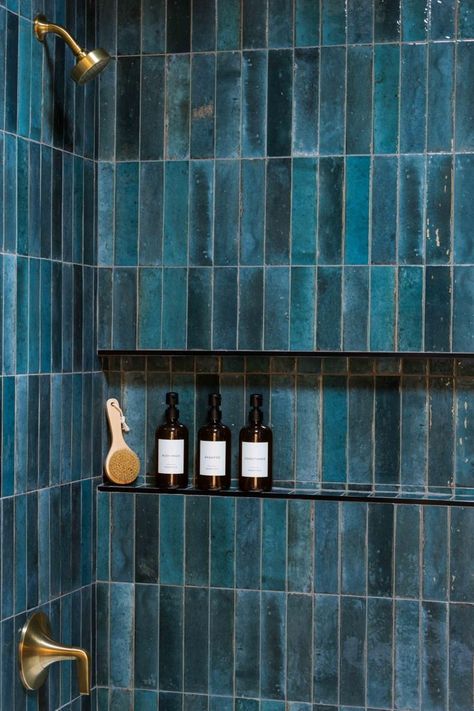 Revive and Relax Zellige Tile Blue Bathroom, Ensuite Bathroom Ideas Blue, Teal Herringbone Tile Bathroom, Cerulean Blue Bathroom, Bathroom With Blue Shower Tile, Blue Green Subway Tile Bathroom, Aqua Bathroom Tile, Blue Bath Tile, Turquoise And Grey Bathroom