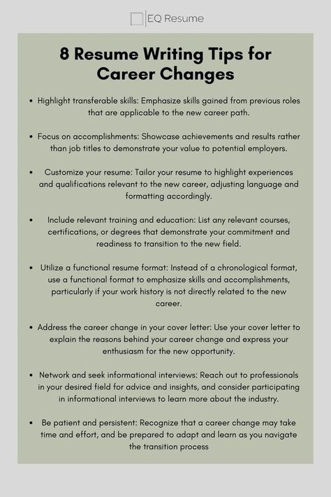 Transitioning careers? EQ Resume has you covered with 8 expert tips for crafting a winning resume. Learn how to effectively showcase your skills and experience for a successful career change. #resumetips #careerchange #EQResume #careeradvice #jobsearch #careerdevelopment #jobhunt #professionalgrowth #resumewriting #jobapplication Career Change Resume, Resume Advice, Career Search, Resume Writing Tips, Successful Career, Job Interview Tips, Resume Skills, Career Transition, Changing Jobs