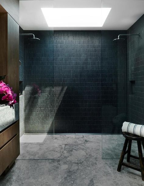 Cement Floor Tiles Bathroom, Tiling Ideas, Bathroom Design Black, Glamorous Interiors, Beautiful Bathroom Designs, Modern Renovation, Contemporary Bathroom Designs, Double Shower, Chic Bathrooms