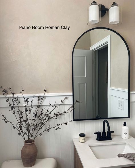 Arched Mirrors, Roman Clay, Small Half Bathroom, Rustic Family Room, Half Bath Remodel, Condo Bathroom, Guest Bathroom Decor, Oak Bathroom, Restroom Decor