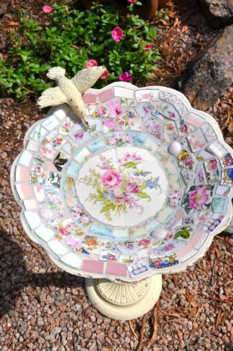 Broken China Crafts, Mosaic Birdbath, China Crafts, Mosaic Garden Art, Mosaic Birds, Printed Tile, Mosaic Madness, Bird Baths, Broken China