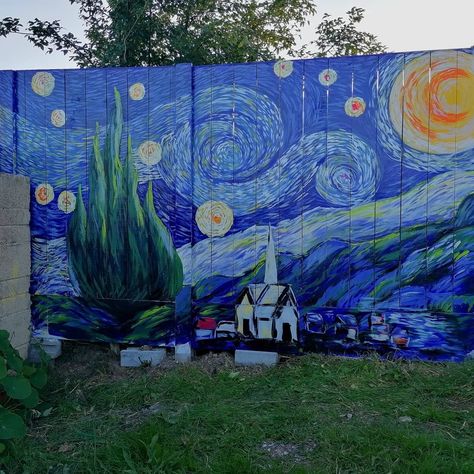 Starry night mural on my garden fence. Starry Night Mural, Night Mural, Fence Paint, Fence Ideas, Propane Tank, Garden Stuff, Garden Fence, Rock Garden, My Garden