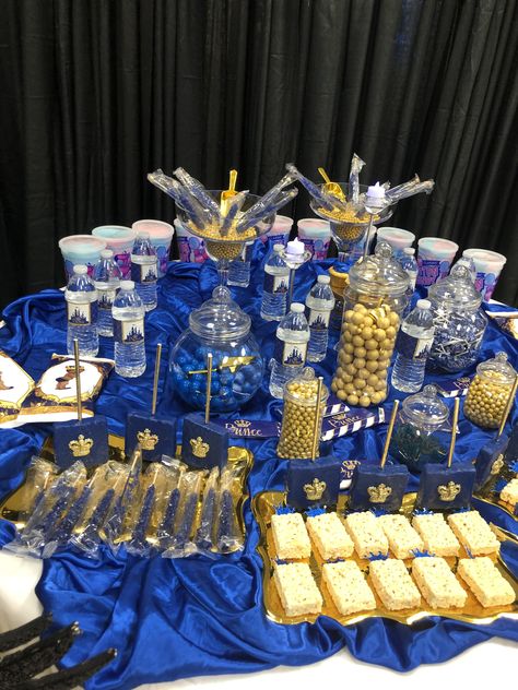 Theme : Royal 👑 Prince Baby 👶🏿 Shower Colors: Royal 👑 Blue/Gold/and white/Opuleance Luxury Design Studio LLC has a great team of designers and staff members book Opuleance Luxury Design Studio LLC today !!! www.opuleance.com #party #babyshowerideas Royal Blue Dessert Table Ideas, Royal Blue And Gold Party, Royal Blue Quinceanera Ideas, Blue Quinceanera Ideas, Forest Quinceanera, Quinceanera Surprise Dance, Blue Candy Bars, Enchanted Forest Quinceanera Theme, Shower Colors