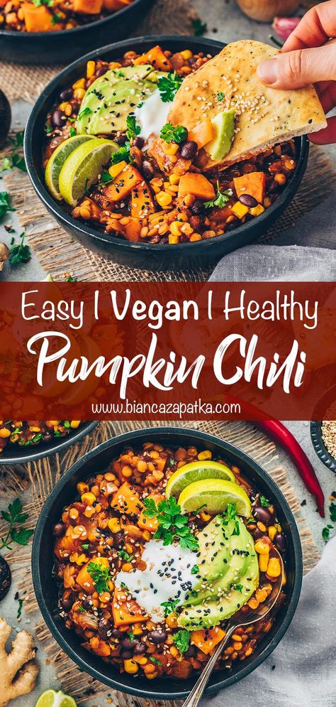 Vegan Pumpkin Chili with Lentils and Beans Plant Based Chilli Recipes, Vegan Pumpkin Chili Recipe, Pumpkin Lentil Chili, Pumpkin Chili Vegetarian, Vegan Autumn Recipes, Chili With Lentils, Vegan Pumpkin Chili, Black Bean Pumpkin Chili, Lentils And Beans