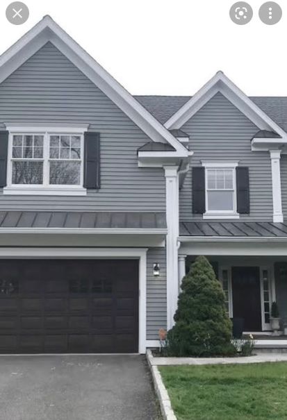 Gray House Paint, Charcoal Garage Door, Best White Exterior Paint Colors, Grey Siding House, Dark Gray House, House Trim Exterior, Grey House Paint, Gray Fence, Grey House White Trim