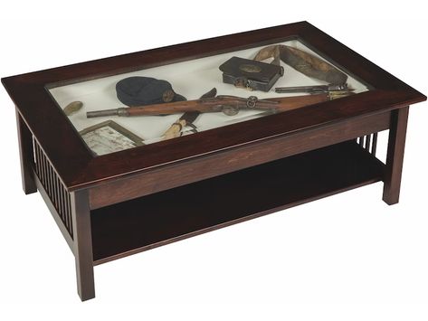 Shadow Box Table, Shadow Box Coffee Table, Tea Table Design, Bookshelf Table, Round Wooden Coffee Table, Coffee Table With Glass Top, Mission Style Furniture, Coffee Table With Glass, Collection Displays