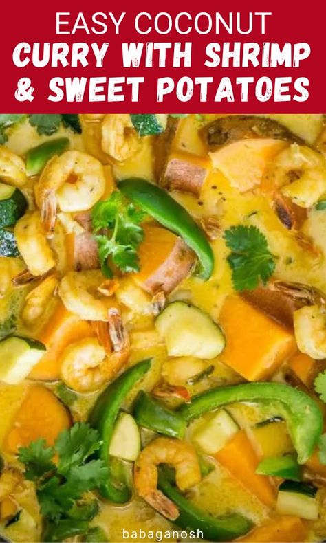 Shrimp and sweet potato coconut curry. Prawn And Sweet Potato Curry, Shrimp Sweet Potato Recipes, Shrimp And Sweet Potato Recipe, Shrimp And Sweet Potato, Shrimp Sweet Potato, Potato Coconut Curry, Stovetop Soup, Easy Coconut Curry, Diced Sweet Potatoes