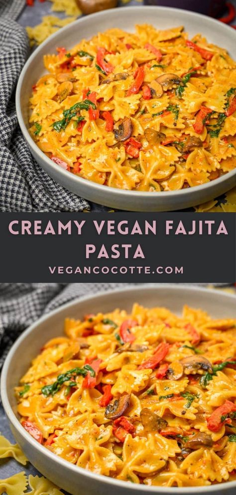 Creamy Vegan Fajita Pasta Vegan Pasta Pasta, Vegan Sides Dishes, Easy Vegan Dinner Ideas, Vegan Fajita, Vegetarische Diners, Meatless Dinners, Fajita Pasta, Rasta Pasta, Vegan Pasta Dish