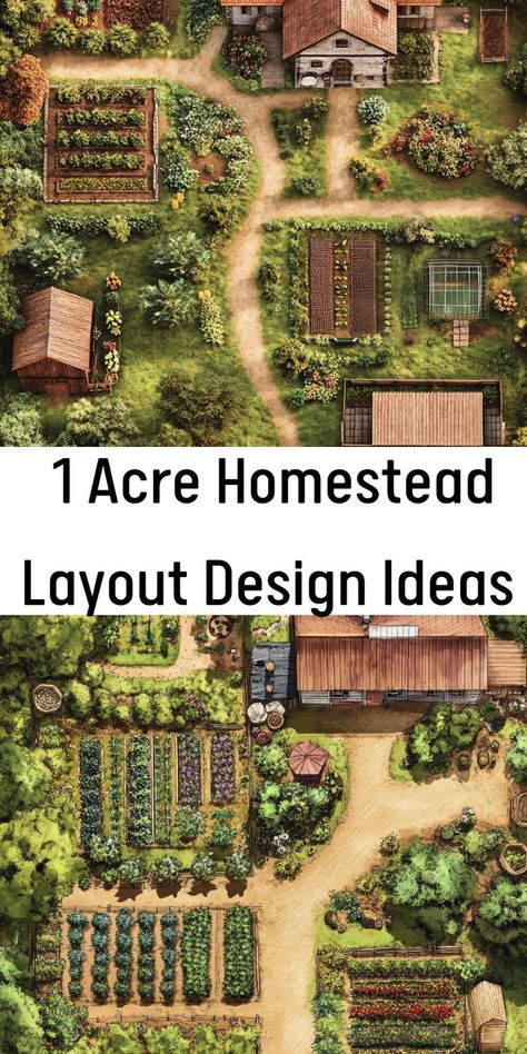 Two aerial views of a one-acre homestead layout feature lush gardens, pathways, and rustic buildings. The space is vibrant and thoughtfully organized. Small Acreage Layout, Vegetable Garden Design Ideas Layout, Hobby Farm Layout Design, 2 Acre Farm Layout House Plans, Off Grid Community Layout, Micro Farm Layout, Garden Layout With Chicken Coop, Permaculture Design Layout Small Farm, One Acre Garden Layout