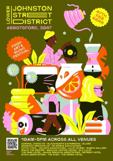 Posters Illustration Design, Posters With Illustration, Culture Design Graphics, Poster Design Colorful, Post Modern Poster Design, Illustrated Graphic Design, Coffee Festival Poster, Illustrative Poster Design, Event Poster Design Inspiration Graphics